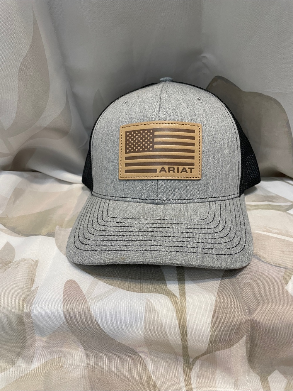 Ariat Light Gray & Black Mesh Trucker Hat with Leather Flag Patch